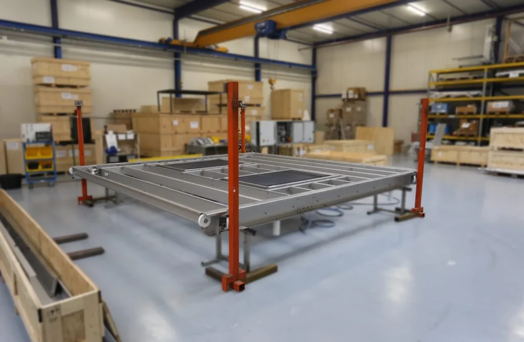 Stainless steel movable floor frame during assembly in the EWAC workshop