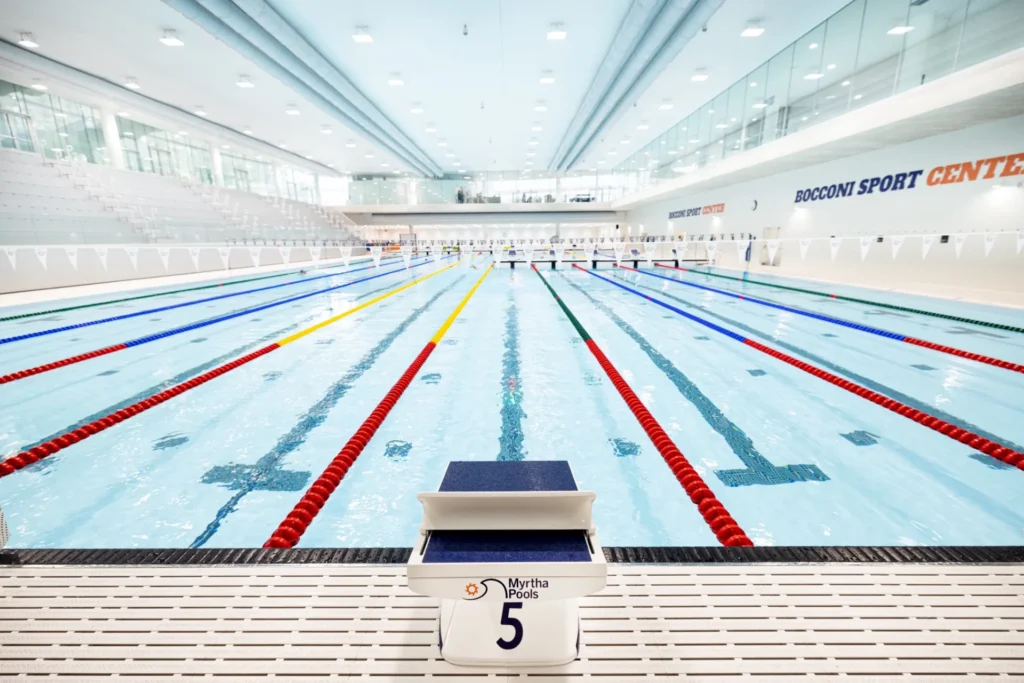 Myrtha Track-Start starting blocks on a competition pool