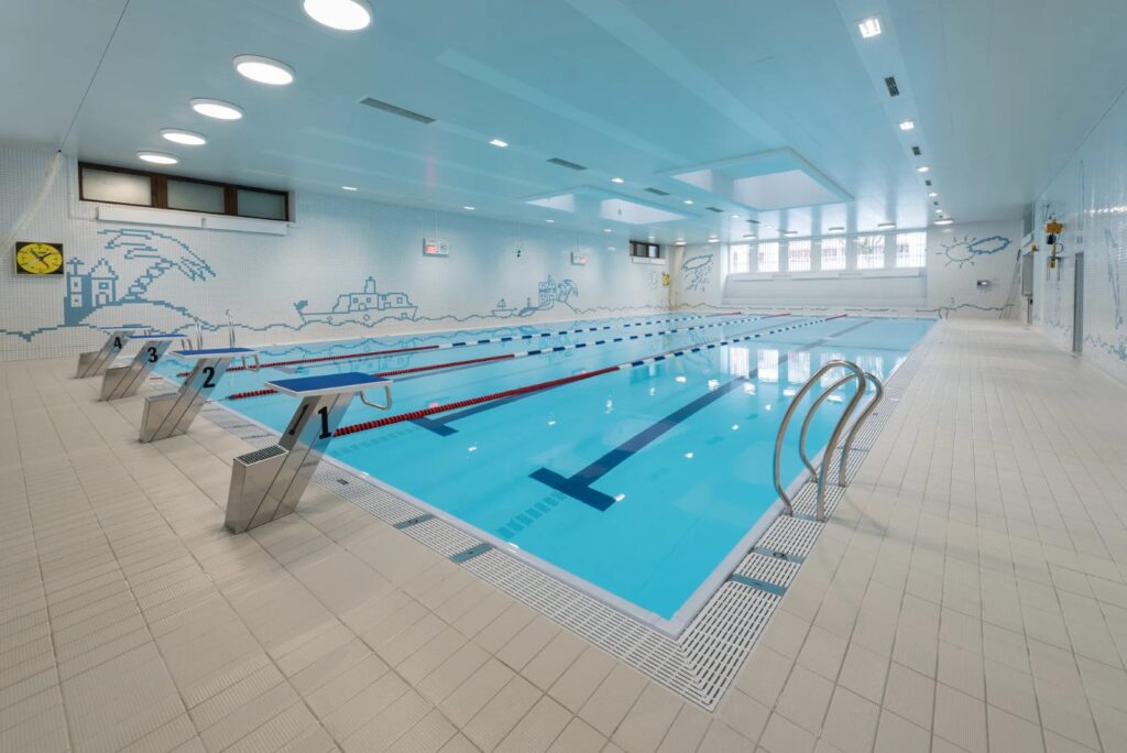 Renovated pool inside the original historic hall, Pâquis, Geneva